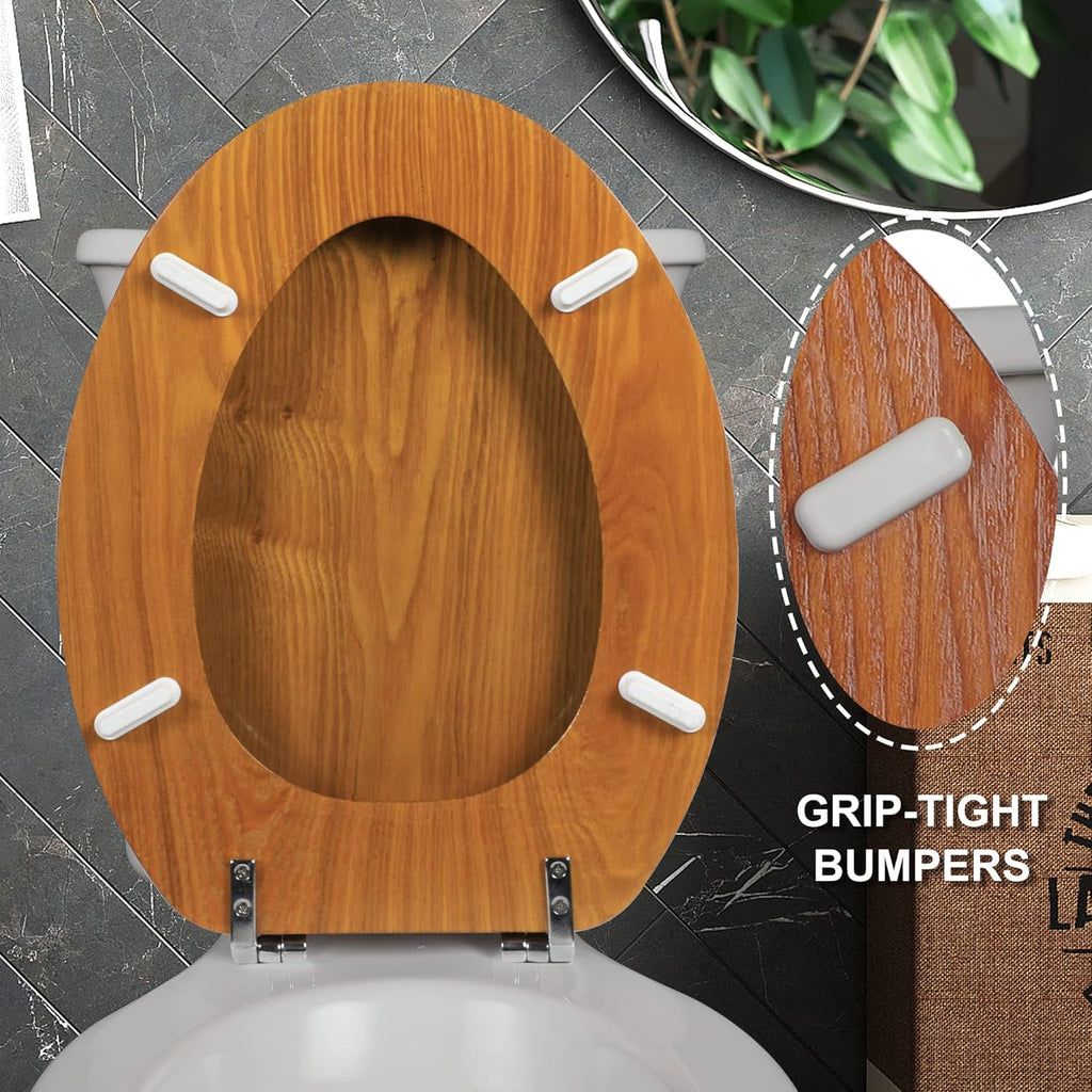 Angel Shield Durable Wood Veneer Natural Toilet Seat Metal Hinged Easy Clean Anti-scratch American Standard(Elongated,Wood Color)