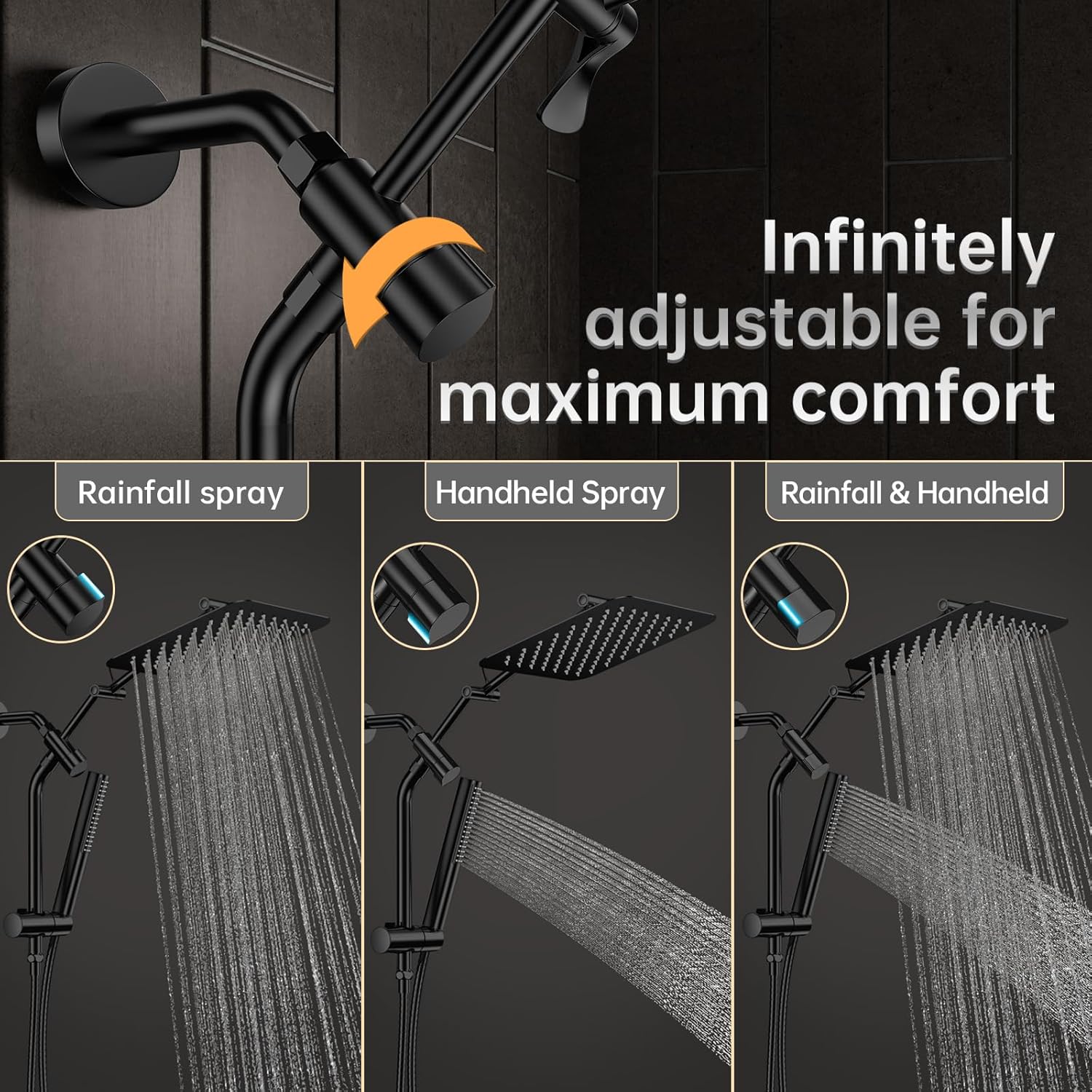 Veken 10" Luxurious All Metal Rain Shower Head with Handheld Spray Combo, High Pressure Rainfall Square Shower Heads with Extension Arm, Wide Dual Showerhead, Bathroom Accessories, Matte Black