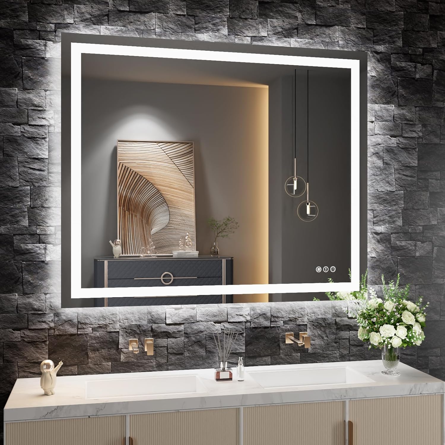 Amorho LED Bathroom Mirror 40"X32" with Front and Backlit, Stepless Dimmable Wall Mirrors with Anti-Fog, Shatter-Proof, Memory, 3 Colors, Double LED Vanity Mirror (Horizontal/Vertical)