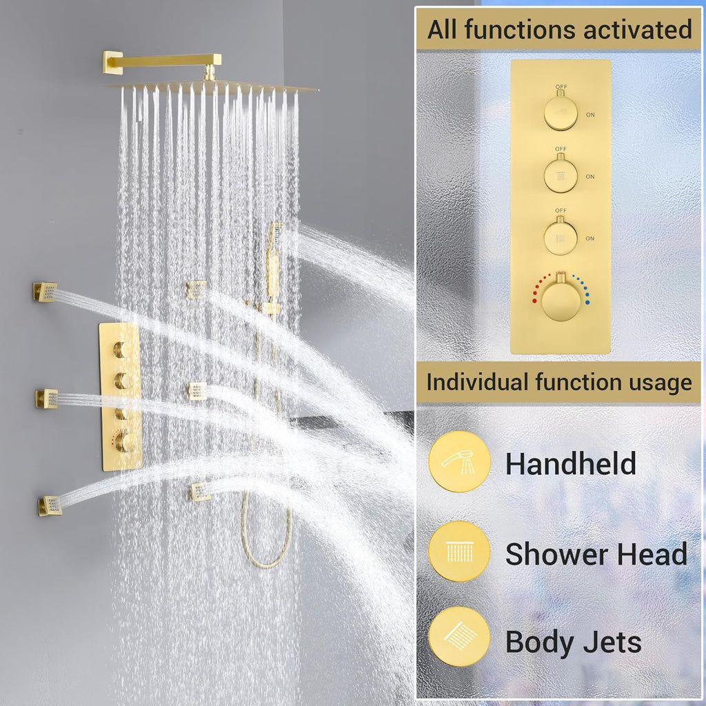 16” Thermostatic Rain Shower System with 6 Body Jets & 16-Inch Rainfall Shower Head, JetsBath Full Body Shower Faucet Sets with Valve & Handheld, Brushed Gold Luxury Wall Mount Shower Faucet Set